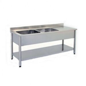 1800x700x880 mm - 2 Cuves de 500x500x300 mm - Plonge sur pieds avec étagère basse + 1 égouttoir à droite