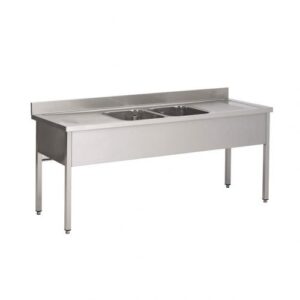 2400x700x880 mm - 2 Cuves de 600x500x300 mm - Plonge sur pieds + 2 égouttoirs droite & gauche